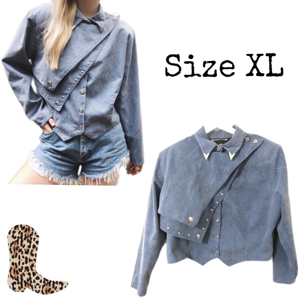 True Vintage Western Attitude blue cropped blouse Size X-LARGE